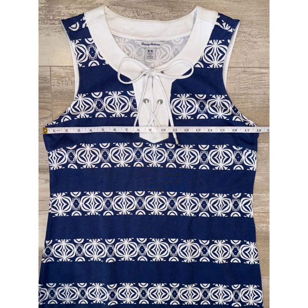 Tommy Bahama Sleeveless Pima Cotton Lace-Up Shift Dress Blue White Print Medium - Picture 8 of 9
